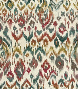 Ivory Teal Red Orange Mustard Grey Ikat Tapestry Upholstery Fabric