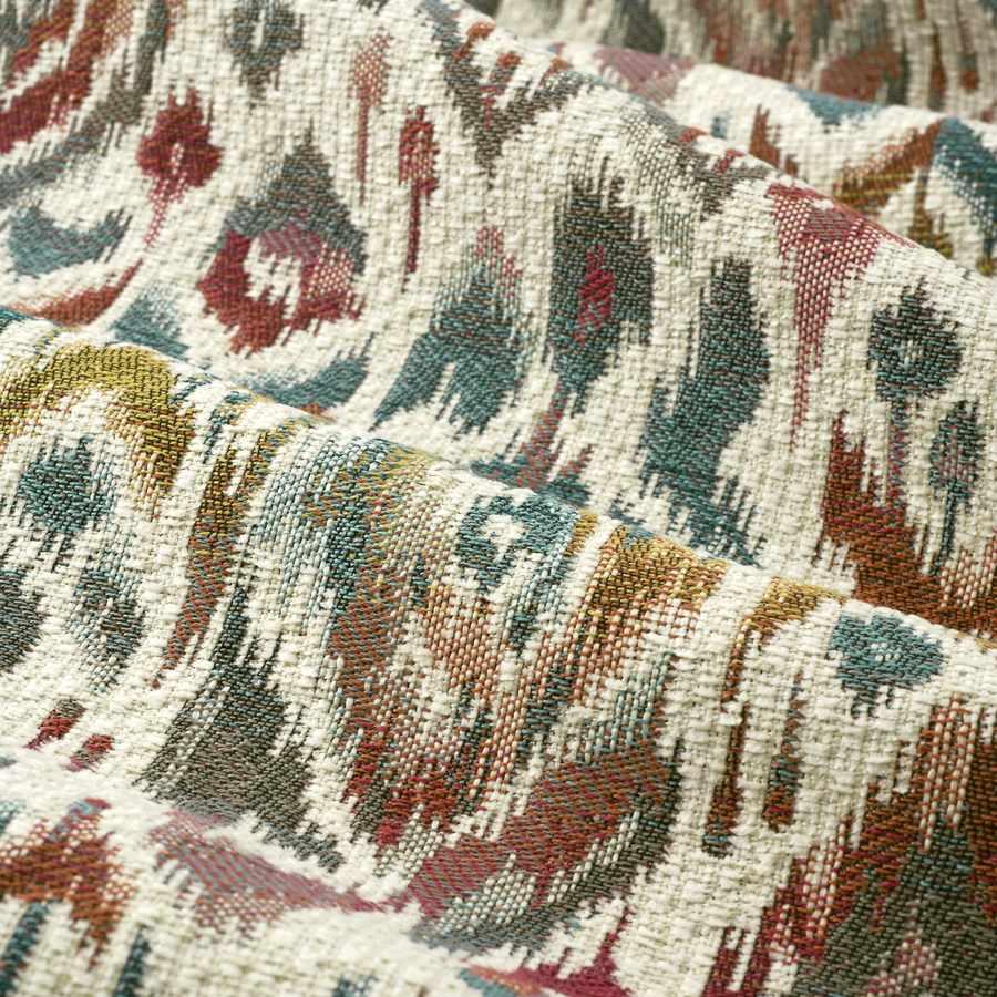 Ivory Teal Red Orange Mustard Grey Ikat Tapestry Upholstery Fabric