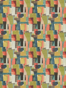 Teal Coral Pink Green Mustard Grey Navy Blue Abstract Velvet Upholstery Fabric