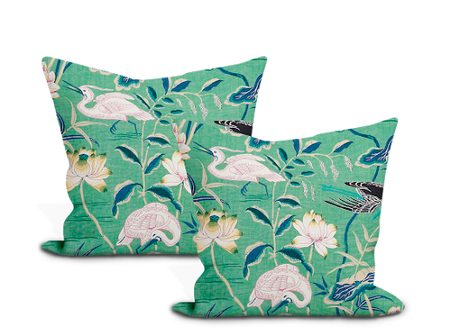 Pair of Custom Made Schumacher Lotus Garden Pillow Covers - Both Sides