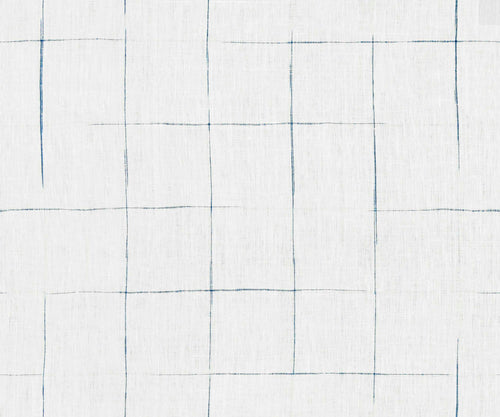 Linen Cream Navy Blue Plaid Drapery Fabric FB