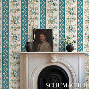 Schumacher Sylvain Floral Stripe Wallpaper 5015540 / Teal
