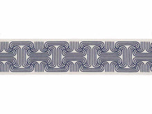Load image into Gallery viewer, 3.5&quot; Wide Off White Indigo Navy Blue Geometric Embroidered Art Deco Drapery Tape Trim