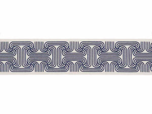 3.5" Wide Off White Indigo Navy Blue Geometric Embroidered Art Deco Drapery Tape Trim
