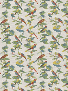 Light Grey Teal Red Yellow Green Bird Floral Upholstery Drapery Fabric