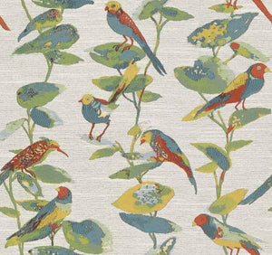 Light Grey Teal Red Yellow Green Bird Floral Upholstery Drapery Fabric