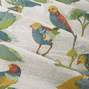 Light Grey Teal Red Yellow Green Bird Floral Upholstery Drapery Fabric