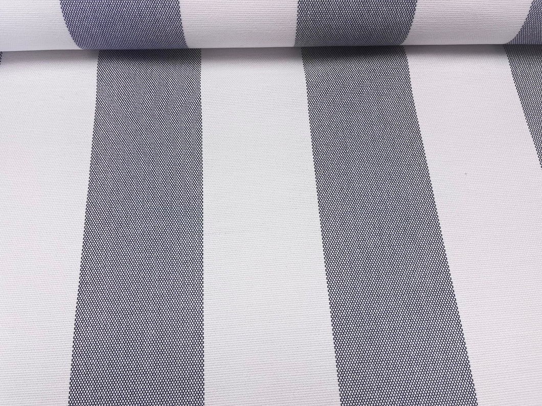 Designer White and Navy Blue Stripe Outdoor Upholstery Fabric