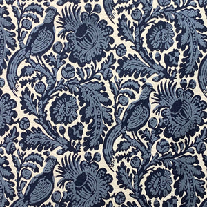 Off White Navy Blue Williamsburg Bird Floral Velvet Upholstery Drapery Fabric