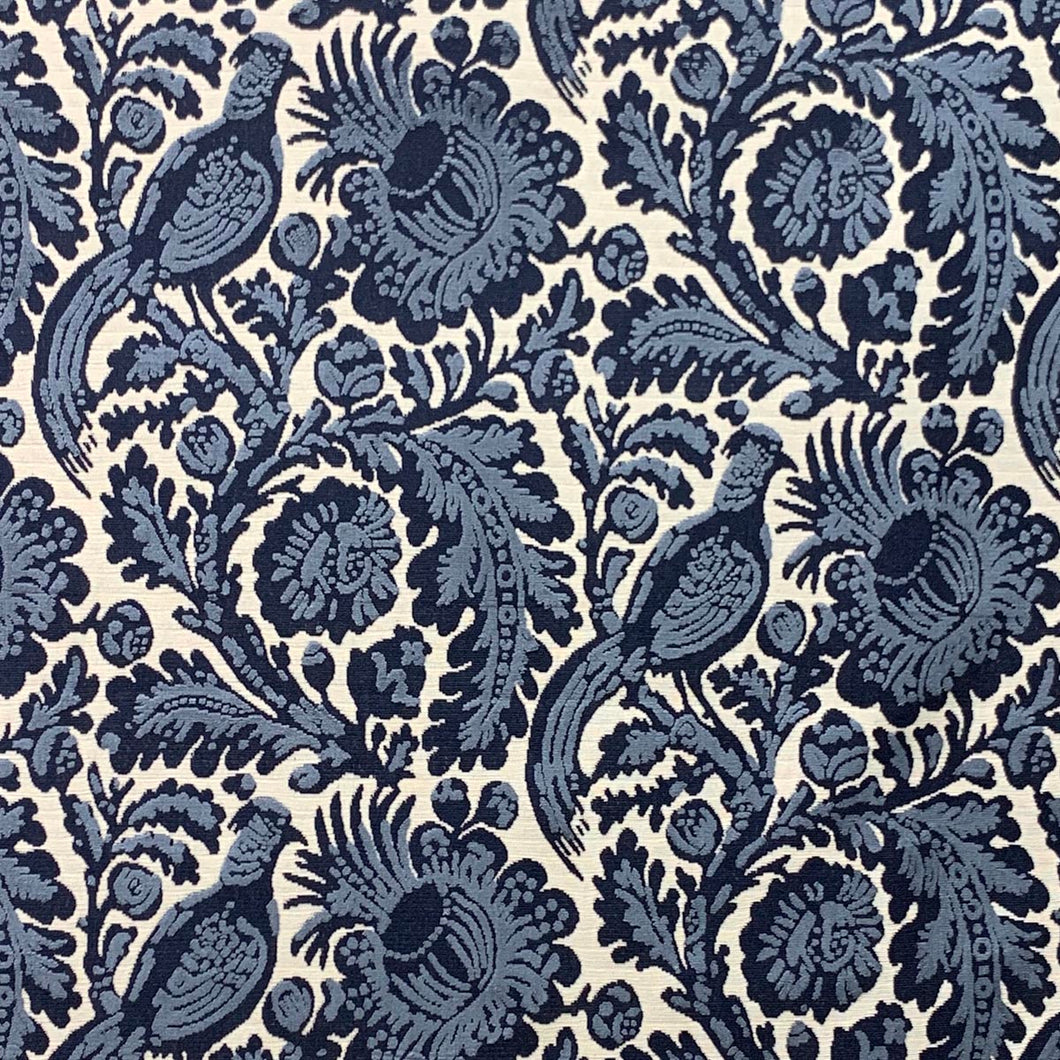Off White Navy Blue Williamsburg Bird Floral Velvet Upholstery Drapery Fabric