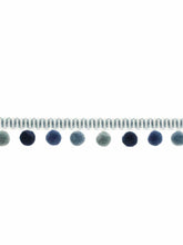 Load image into Gallery viewer, Expedited Shipping for 18 Yards of 1.5" Wide Aqua Navy Blue White Pom Pom Wool Blend Fringe Tape