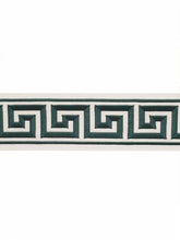Load image into Gallery viewer, 4&quot; Wide Off White Teal Geometric Greek Key Embroidered  Drapery Tape Trim