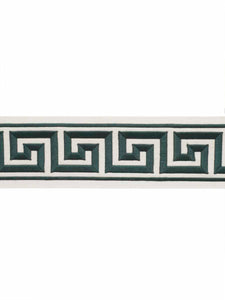 4" Wide Off White Teal Geometric Greek Key Embroidered  Drapery Tape Trim