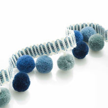 Load image into Gallery viewer, Expedited Shipping for 18 Yards of 1.5" Wide Aqua Navy Blue White Pom Pom Wool Blend Fringe Tape