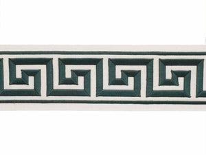 4" Wide Off White Teal Geometric Greek Key Embroidered  Drapery Tape Trim