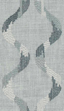 Load image into Gallery viewer, Aqua Chambray Navy Blue Embrodiered Geometric Trellis Drapery Fabric