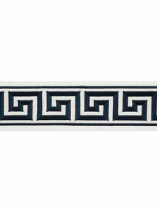 4" Wide Off White Indigo Navy Blue Geometric Greek Key Embroidered  Drapery Tape Trim