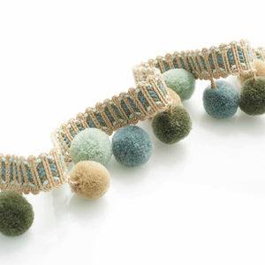 1.5" Wide Aqua Blue Green Beige White Pom Pom Wool Blend Fringe Tape