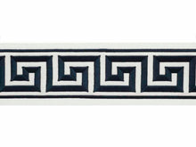 Load image into Gallery viewer, 4&quot; Wide Off White Indigo Navy Blue Geometric Greek Key Embroidered  Drapery Tape Trim