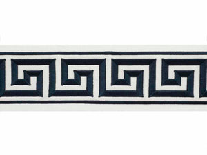 4" Wide Off White Indigo Navy Blue Geometric Greek Key Embroidered  Drapery Tape Trim