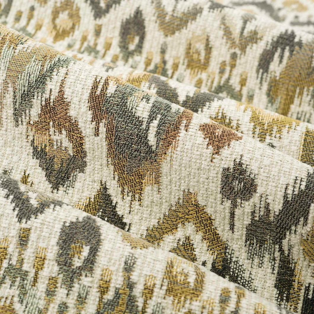 Ivory Mustard Gold Grey Aqua Ikat Upholstery Fabric