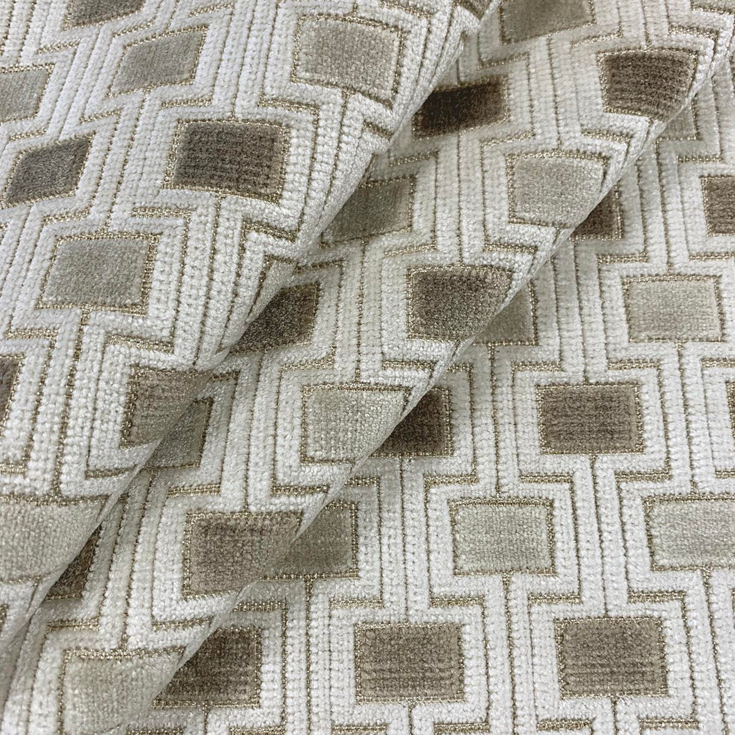 Heavy Duty Cream Taupe Beige Ivory Geometric Abstract Cut Velvet Upholstery Fabric