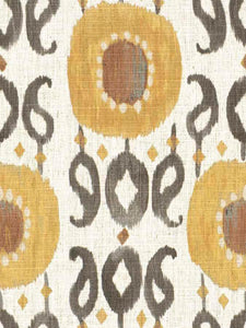 Ivory Mustard Gold Teal Grey Ikat Upholstery Drapery Fabric