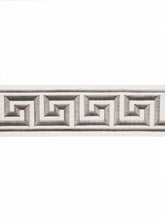 Load image into Gallery viewer, 4&quot; Wide Off White Mushroom Taupe Geometric Greek Key Embroidered  Drapery Tape Trim