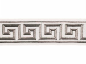 4" Wide Off White Mushroom Taupe Geometric Greek Key Embroidered  Drapery Tape Trim