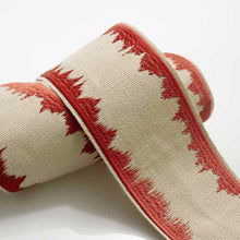 Load image into Gallery viewer, 3" Wide Linen Viscose Natural Coral Red Embroidered Abstract Drapery Border Tape Trim