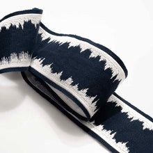 Load image into Gallery viewer, 3&quot; Wide Linen Viscose White Indigo Navy Blue Embroidered Abstract Drapery Border Tape Trim