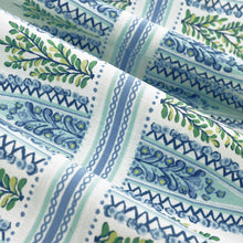 Load image into Gallery viewer, Cotton Linen Cream Aqua Blue Green Stripe Floral Drapery Fabric FB