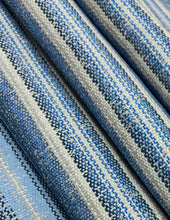 Load image into Gallery viewer, Designer Water &amp; Stain Resistant Navy Blue Cerulean Grey Cream Stripe Upholstery Fabric STA 5072