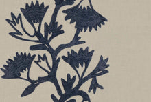 Load image into Gallery viewer, Cotton Linen Oatmeal Beige Navy Blue Floral Crewel Embroidered Drapery Fabric FB