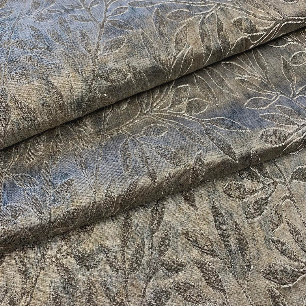Sage Grey Teal Blue Silver Leaf Botanical Drapery Fabric