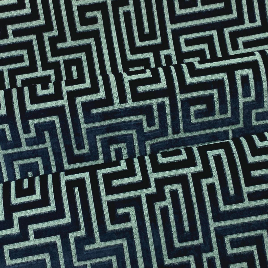 Seafoam Navy Blue Geometric Greek Key Cut Velvet Upholstery Fabric