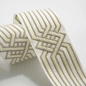 2.75" Wide White Ivory Taupe Embroidered Geometric Tape Trim