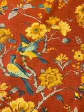 Load image into Gallery viewer, Vintage Rusty Red Mustard Gold Teal Bird Horal Cotton Upholstery Drapery Fabric WHS 5168