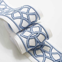 Load image into Gallery viewer, 3.25&quot; Off White French Navy Blue Embroidered Geometric Drapery Tape Trim