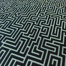 Load image into Gallery viewer, Seafoam Navy Blue Geometric Greek Key Cut Velvet Upholstery Fabric