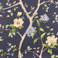 Load image into Gallery viewer, Navy Blue Green Cream Floral Cotton Sateen Upholstery Drapery Fabric
