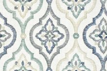 Load image into Gallery viewer, Ivory Green Navy Blue Beige Trellis Geometric Upholstery Drapery Fabric