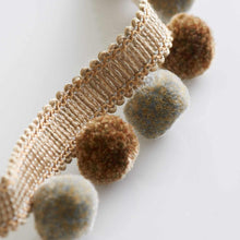 Load image into Gallery viewer, 1.5" Wide Mustard Gold Taupe Grey Pom Pom Fringe Tape
