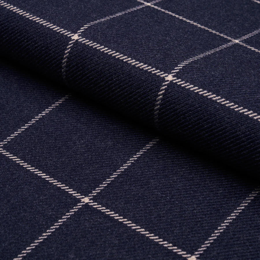 SCHUMACHER BANCROFT WOOL PLAID FABRIC 66774 / NAVY
