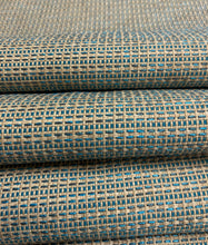 Load image into Gallery viewer, 1.7 Yard Designer Water &amp; Stain Resistant Teal Turquoise Blue Taupe MCM Mid Century Modern Tweed Upholstery Fabric WHS 4633