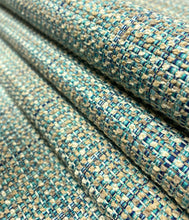 Load image into Gallery viewer, Water Stain Resistant Teal Navy Blue Taupe MCM Mid Century Modern Tweed Upholstery Fabric STA 5204