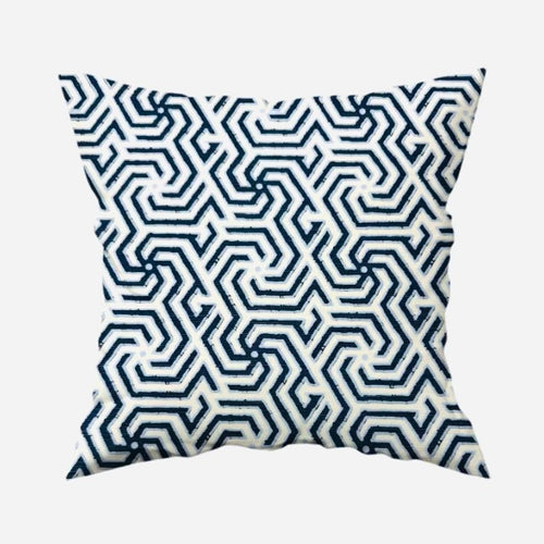 Quadrille China Seas Maze Two Color Navy Blue on Tint Linen Hand Printed Pillow Cover