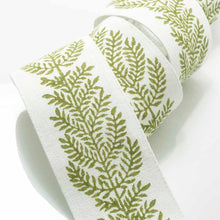 Load image into Gallery viewer, 2.38&quot; Wide Linen Off White Green Block Printed Floral Drapery Tape Trim