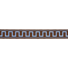 Load image into Gallery viewer, Schumacher Greek Key Embroidered Tape Trim 70807 / Blue On Brown