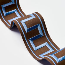 Load image into Gallery viewer, Schumacher Greek Key Embroidered Tape Trim 70807 / Blue On Brown
